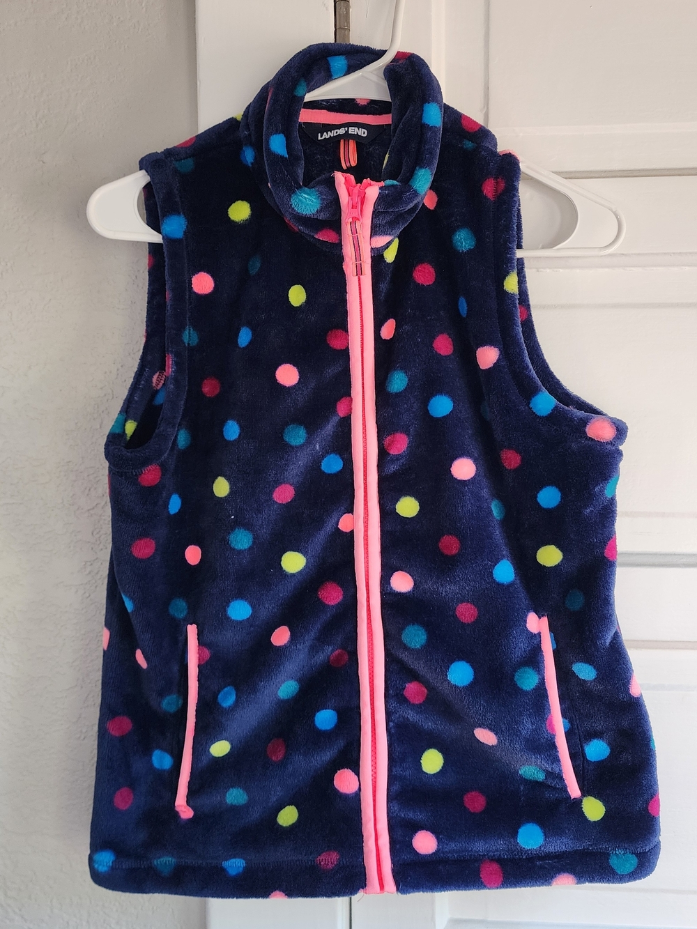 KIDS Lands' End Navy Polka Dot Fleece Vest with Pink Zipper